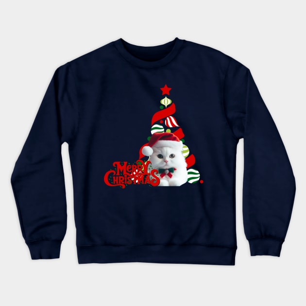 Cute White Cat in Santa Hat with Christmas Tree ,Brafdesign Crewneck Sweatshirt by Brafdesign